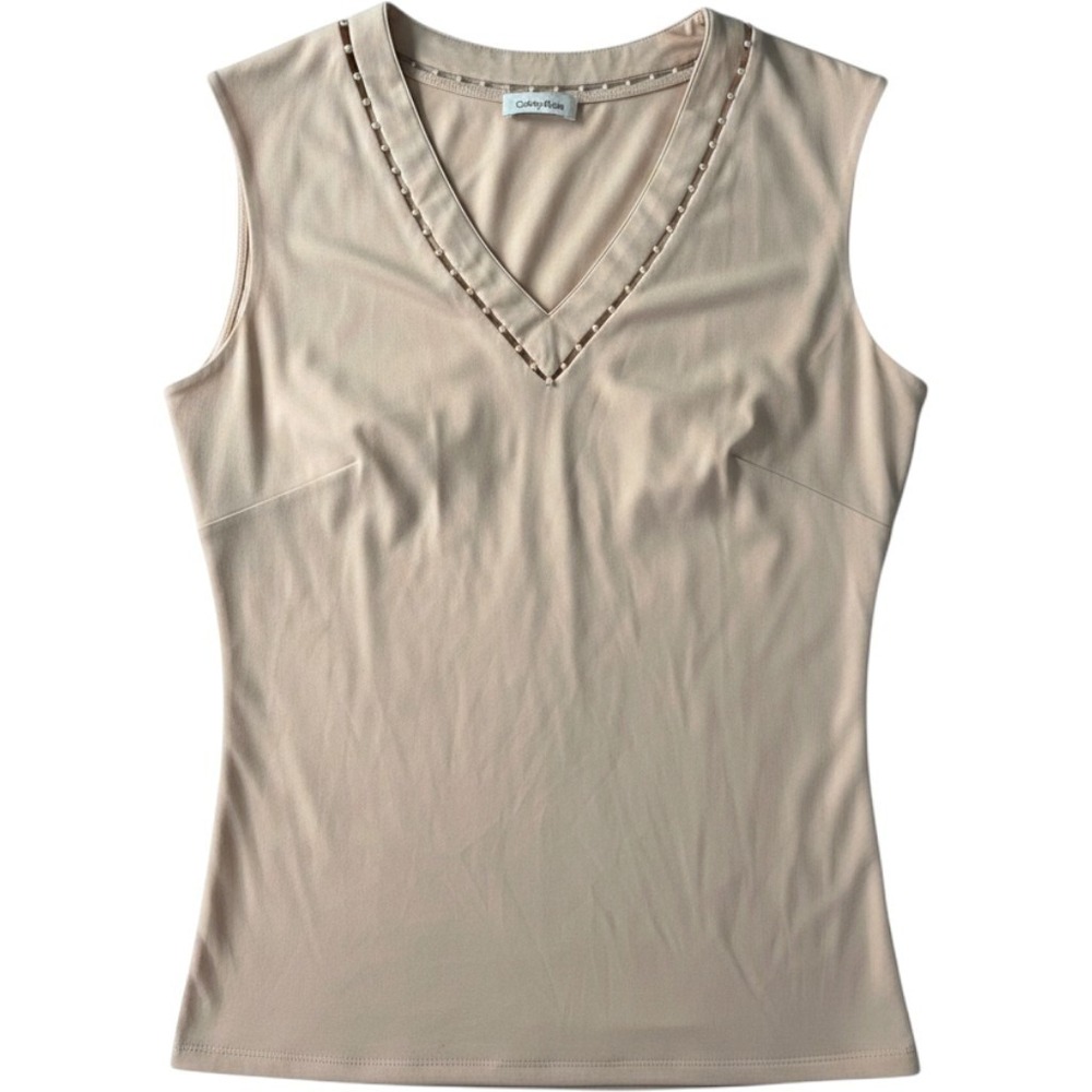 Calvin Klein Womens Blush Pink Pearl Trim V-Neck Sleeveless Shell Blouse Medium